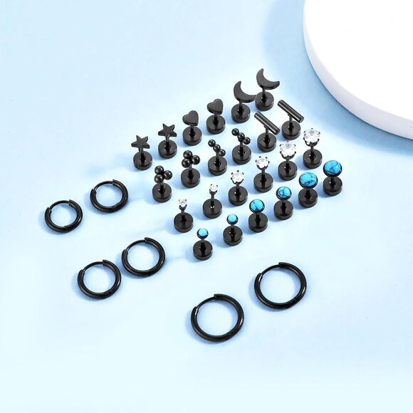Hypoallergenic Surgical Steel Multiple Piercing Earring Set Silver Gold Black - Picture 3 of 6